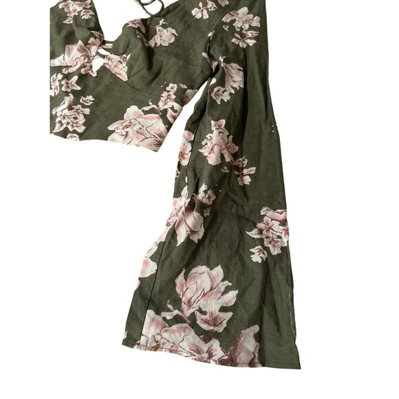 Zara Floral Lace-Up Crop Top XS Green & Pink Linen Blend - Picture 3 of 10